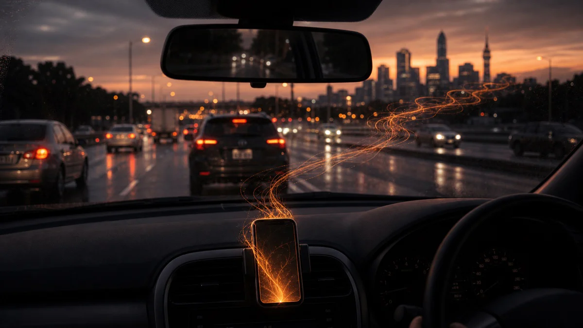 Cars seen through a windscreen during a freeway commute