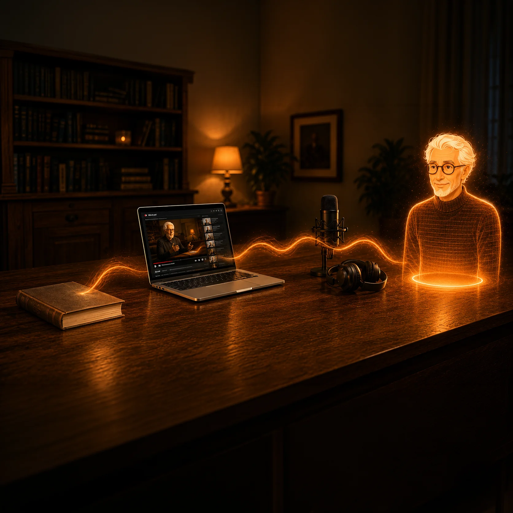 An expert shaping a Polyworld mindcast presence through a glowing knowledge interface