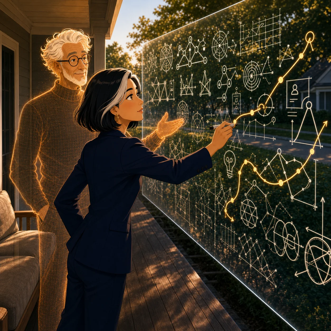 A glowing expert presence helps a person shape knowledge on a transparent interface
