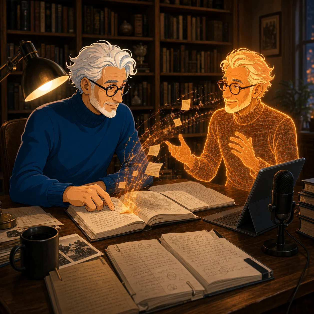 A human expert and a glowing Polyworld presence thinking together over an open book